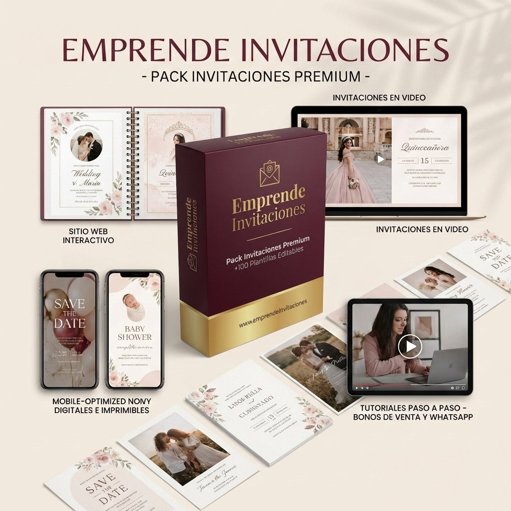 Pack +100 Invitaciones Premium Editables + Curso + 4 Bonos de Regalo